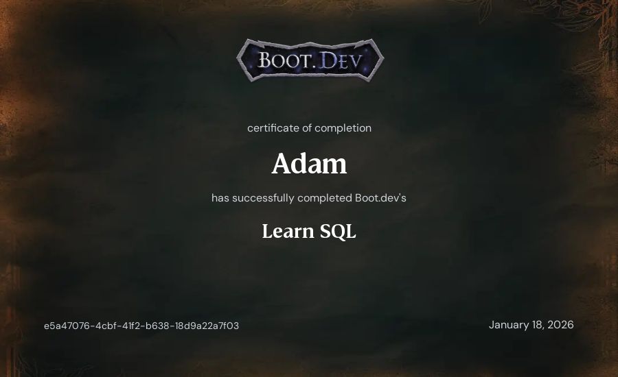 Adam's Boot.dev Learn SQL certificate
