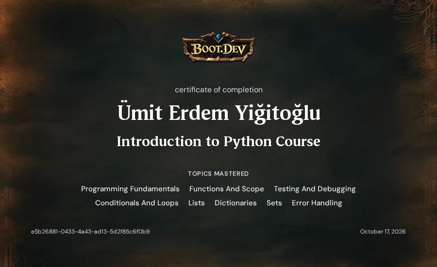 Ümit Erdem Yiğitoğlu's Boot.dev Introduction to Python Course certificate