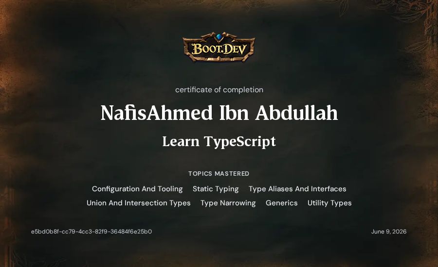 NafisAhmed Ibn Abdullah's Boot.dev Learn TypeScript certificate