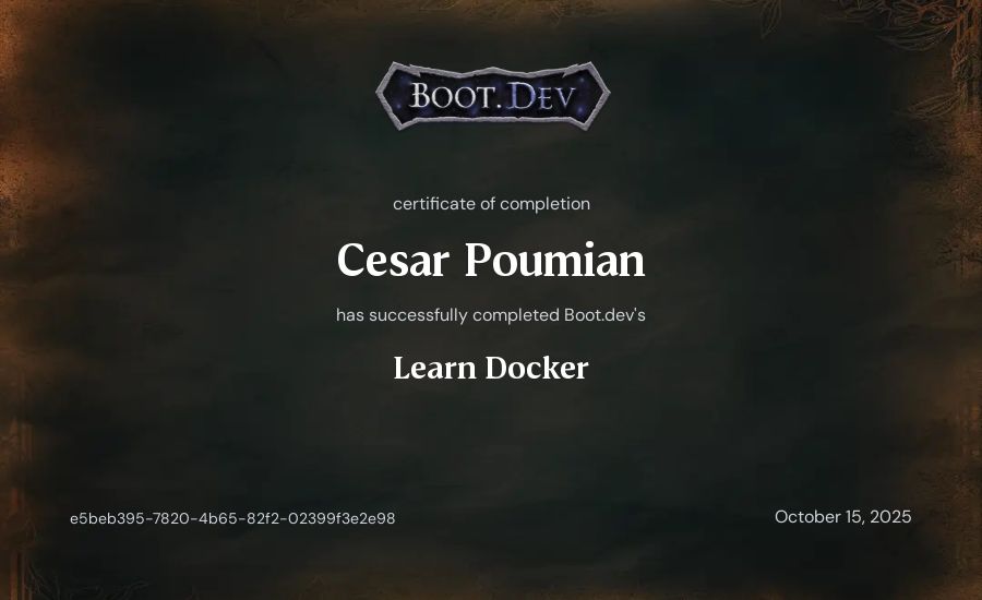 Cesar Poumian's Boot.dev Learn Docker certificate