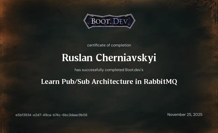 Ruslan Cherniavskyi's Boot.dev Learn Pub/Sub in RabbitMQ and Go certificate