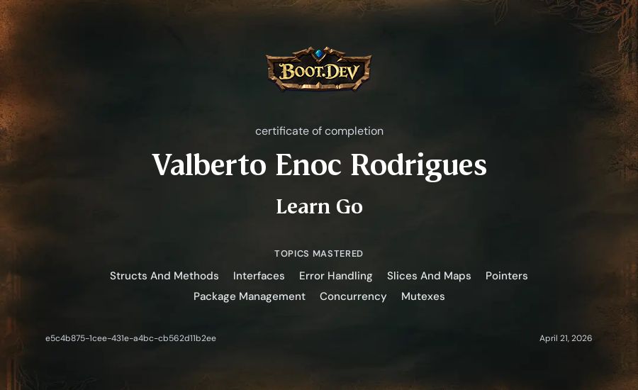 Valberto Enoc Rodrigues's Boot.dev Learn Go certificate