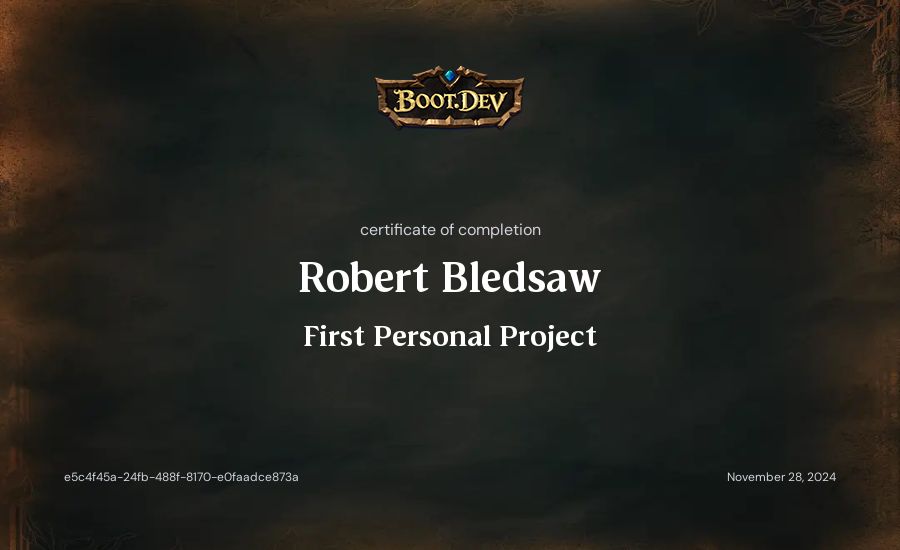 Robert Bledsaw's Boot.dev First Personal Project certificate