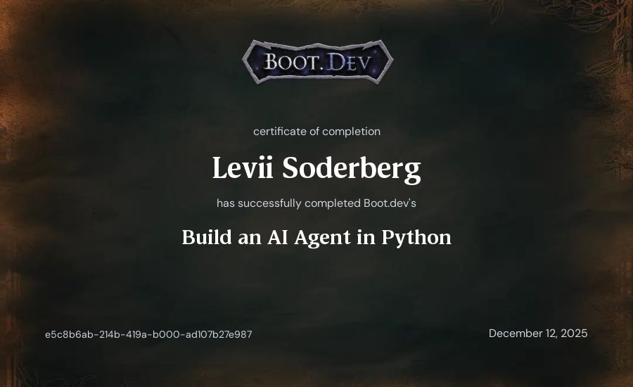 Levii Soderberg's Boot.dev Build an AI Agent in Python certificate