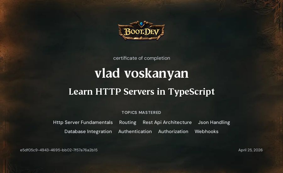 vlad voskanyan's Boot.dev Learn HTTP Servers in TypeScript certificate
