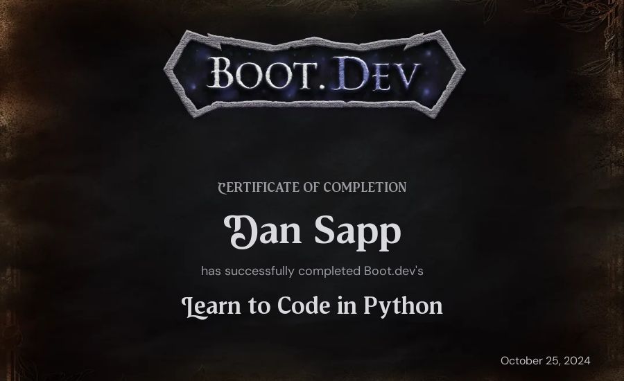 Dan Sapp's Boot.dev Introduction to Python Course certificate
