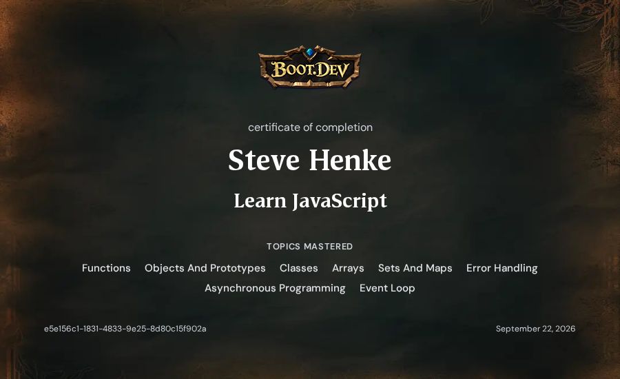 Steve Henke's Boot.dev Learn JavaScript certificate