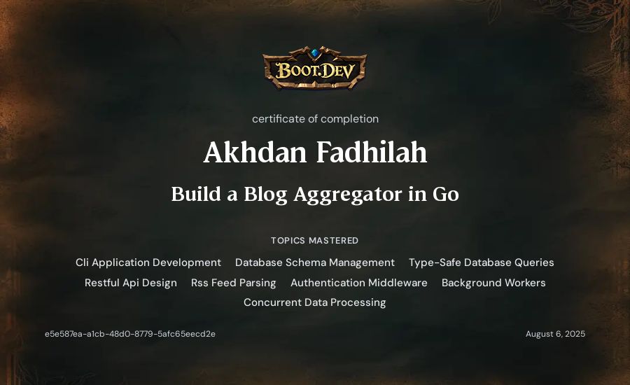 Akhdan Fadhilah's Boot.dev Build a Blog Aggregator in Go certificate