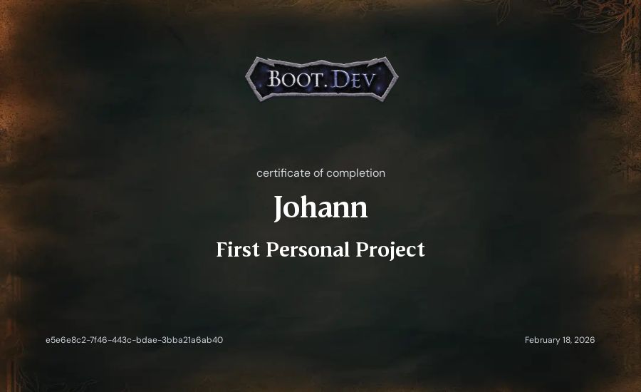 Johann's Boot.dev First Personal Project certificate
