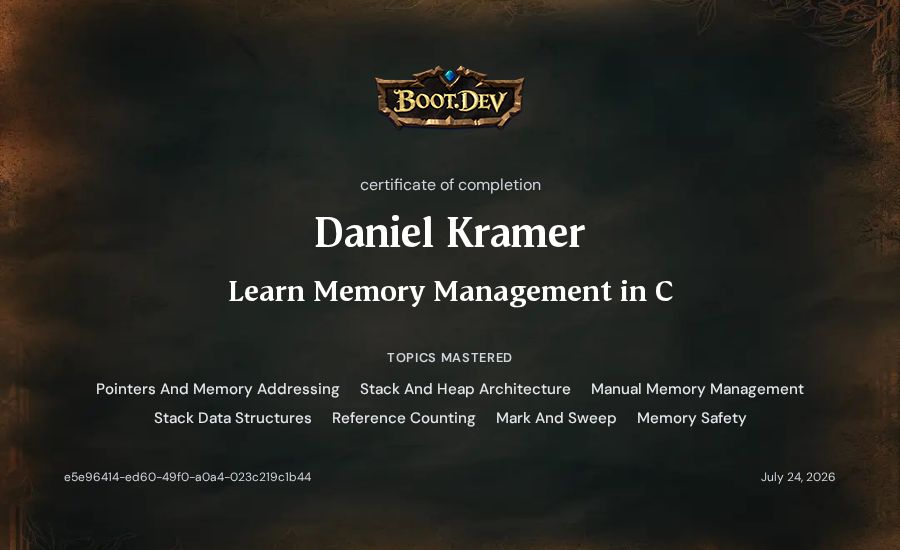 Daniel Kramer's Boot.dev Learn Memory Management in C certificate