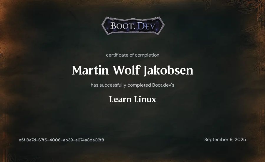 Martin Wolf Jakobsen's Boot.dev Learn Linux certificate