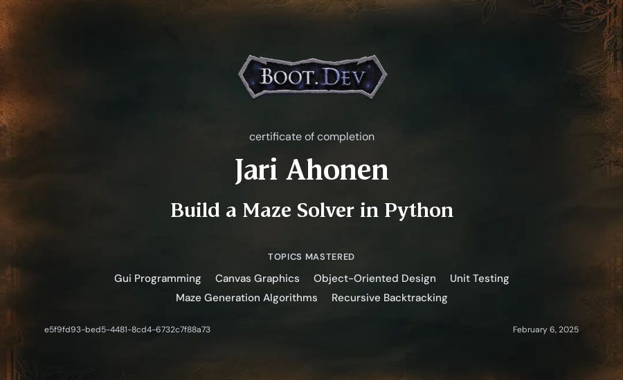 Jari Ahonen's Boot.dev Build a Maze Solver in Python certificate