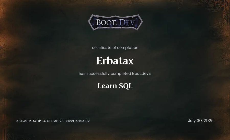 Erbatax's Boot.dev Learn SQL certificate
