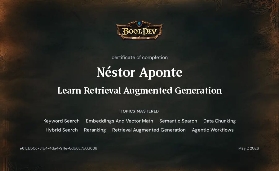 Néstor Aponte's Boot.dev Learn Retrieval Augmented Generation certificate