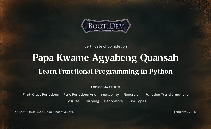 Papa Kwame Agyabeng Quansah's Boot.dev Learn Functional Programming in Python certificate