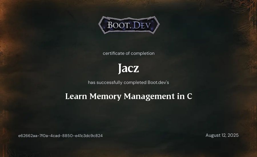 Jacz's Boot.dev Learn Memory Management in C certificate