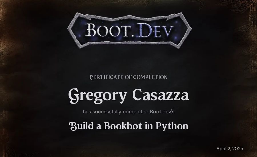Gregory Casazza's Boot.dev Build a BookBot in Python certificate