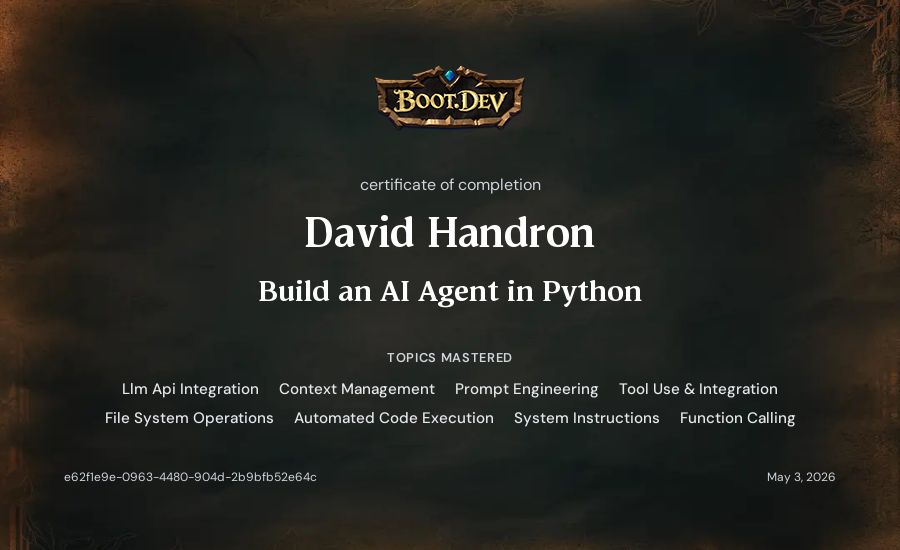 David Handron's Boot.dev Build an AI Agent in Python certificate