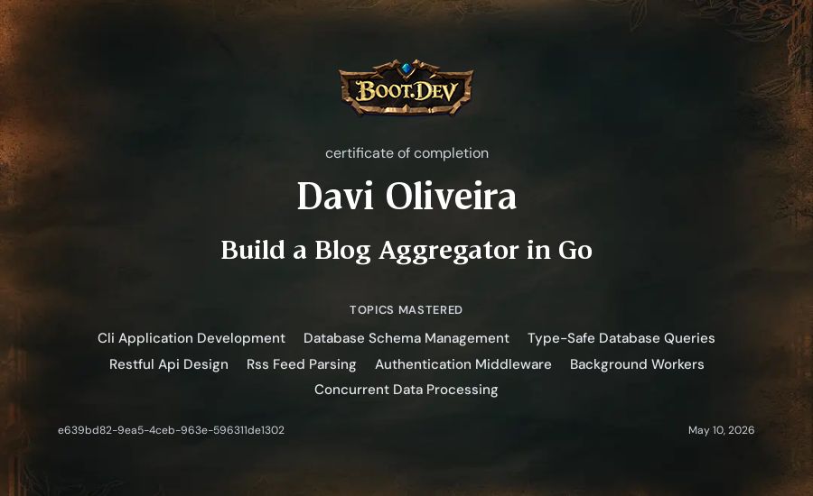 Davi Oliveira's Boot.dev Build a Blog Aggregator in Go certificate