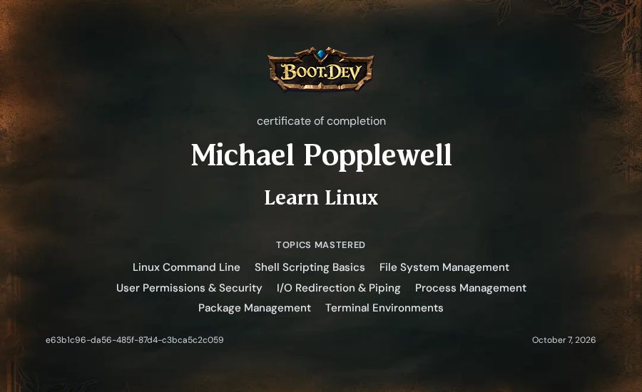 Michael Popplewell's Boot.dev Learn Linux certificate