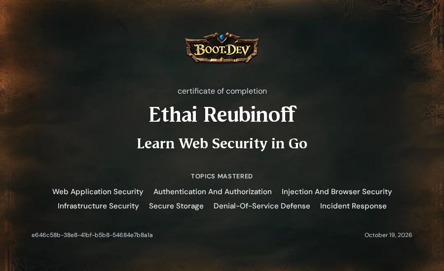 Ethai Reubinoff's Boot.dev Learn Web Security in Go certificate