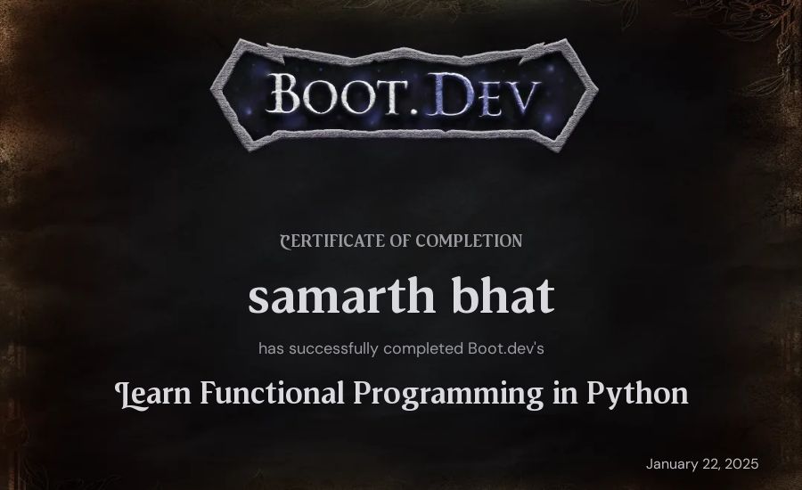 Trolley's Boot.dev Learn Functional Programming in Python certificate