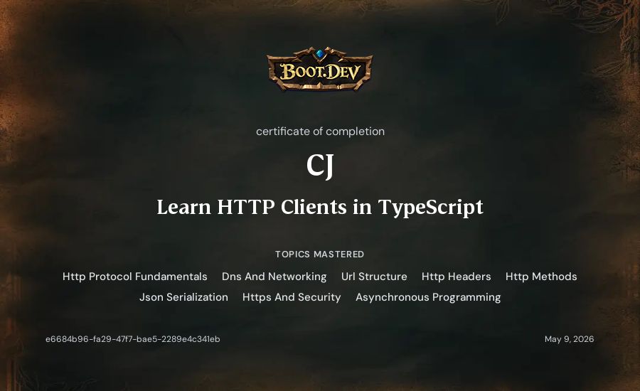CJ's Boot.dev Learn HTTP Clients in TypeScript certificate