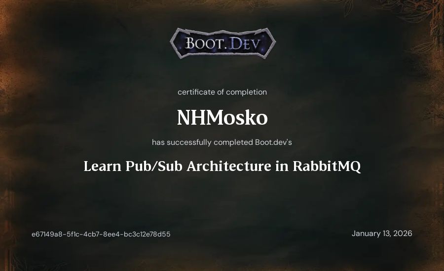 NHMosko's Boot.dev Learn Pub/Sub in RabbitMQ and Go certificate