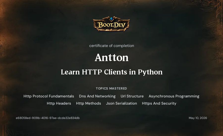 Antton's Boot.dev Learn HTTP Clients in Python certificate