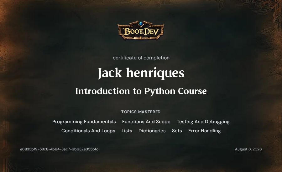 Jack henriques's Boot.dev Introduction to Python Course certificate