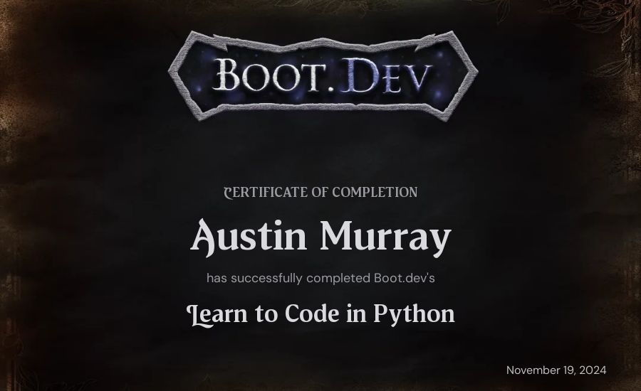 Austin Murray's Boot.dev Introduction to Python Course certificate
