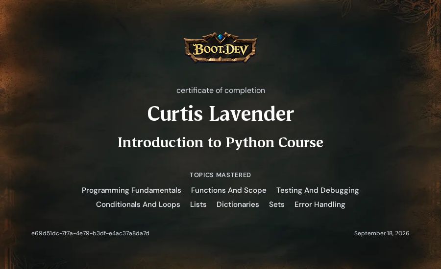 Curtis Lavender's Boot.dev Introduction to Python Course certificate