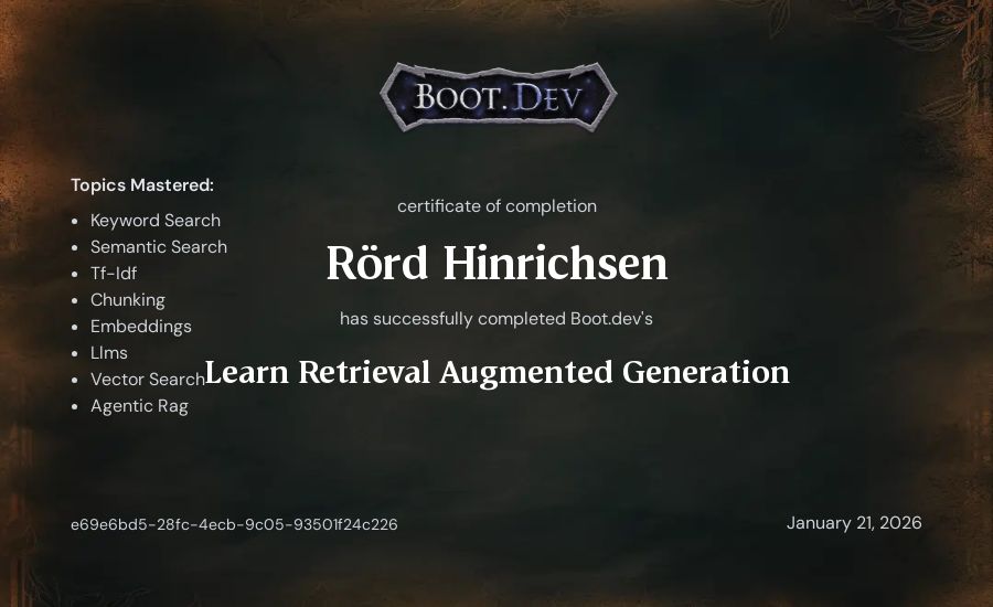Rörd Hinrichsen's Boot.dev Learn Retrieval Augmented Generation certificate