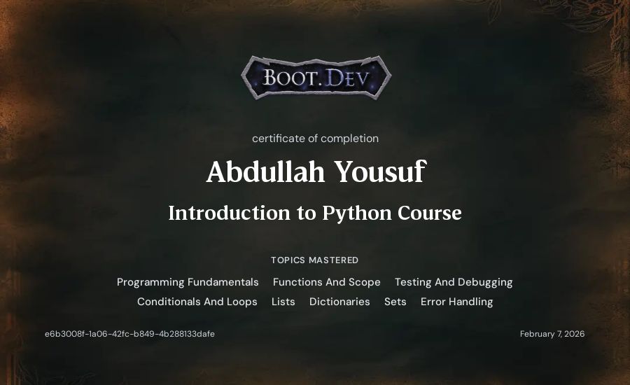 Abdullah Yousuf's Boot.dev Introduction to Python Course certificate