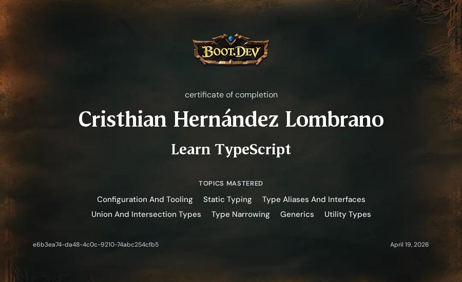 Cristhian Hernández Lombrano's Boot.dev Learn TypeScript certificate