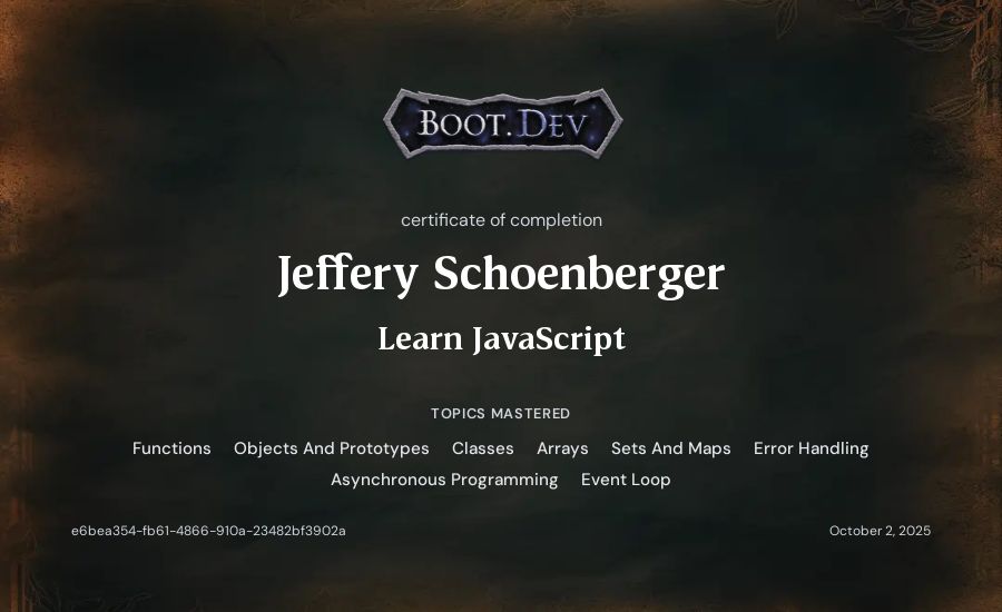 Jeff Schoenberger's Boot.dev Learn JavaScript certificate