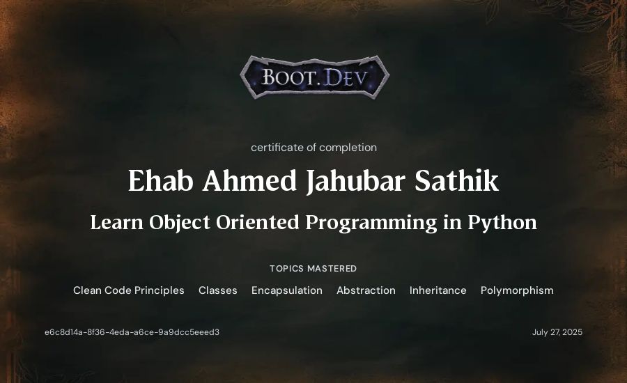 Ehab Ahmed Jahubar Sathik's Boot.dev Learn Object Oriented Programming in Python certificate