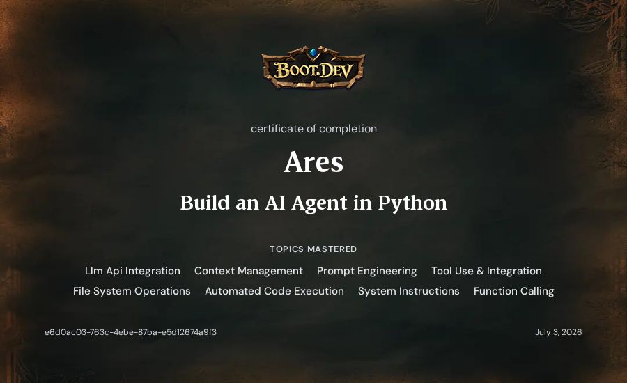 Ares's Boot.dev Build an AI Agent in Python certificate