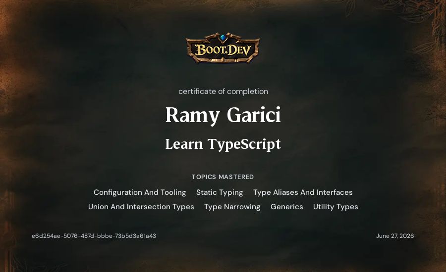 Ramy Garici's Boot.dev Learn TypeScript certificate