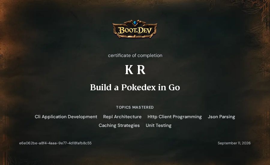 K R's Boot.dev Build a Pokedex in Go certificate