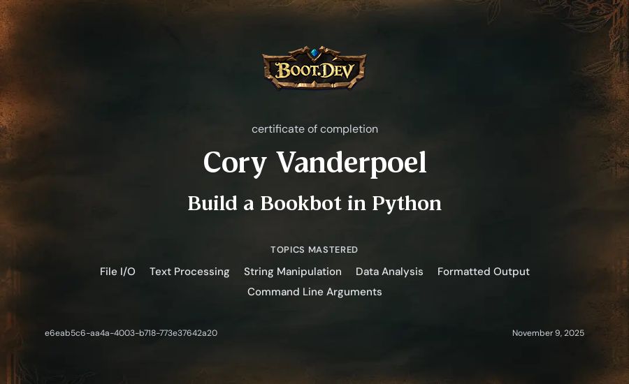 Cory Vanderpoel's Boot.dev Build a BookBot in Python certificate