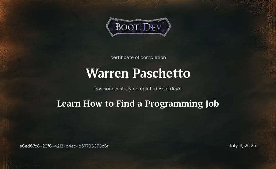 Warren Paschetto's Boot.dev Learn How to Find a Programming Job certificate