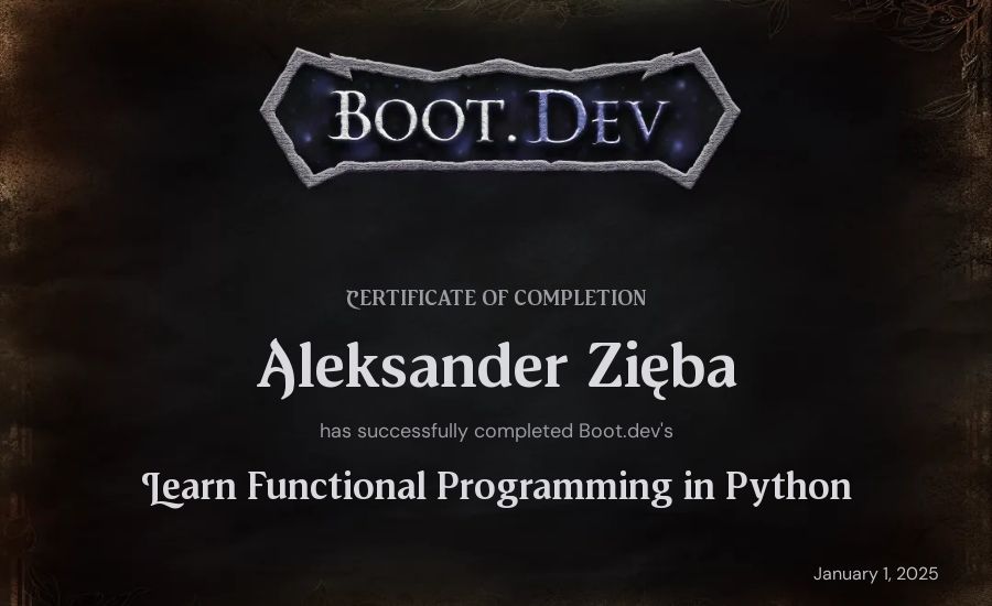 Aleksander Zięba's Boot.dev Learn Functional Programming in Python certificate