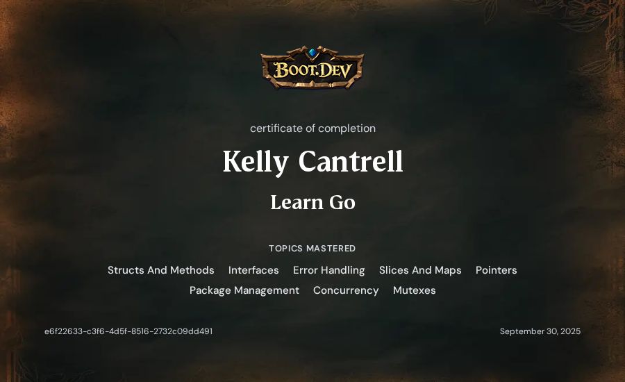 Kelly Cantrell's Boot.dev Learn Go certificate