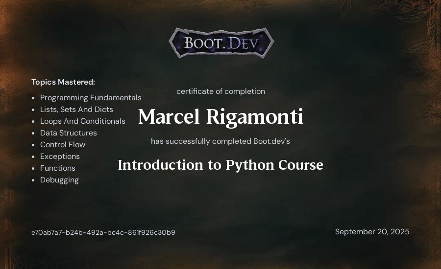 Marcel Rigamonti's Boot.dev Introduction to Python Course certificate