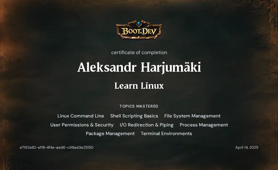 Aleksandr Harjumäki's Boot.dev Learn Linux certificate
