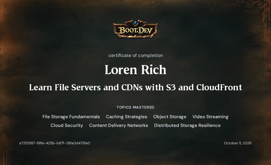 Loren Rich's Boot.dev Learn File Servers and CDNs with S3 and CloudFront certificate