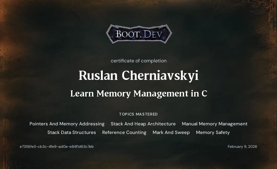 Ruslan Cherniavskyi's Boot.dev Learn Memory Management in C certificate
