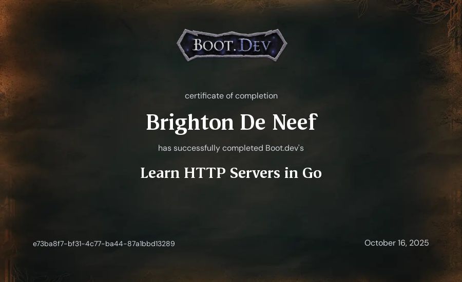 Brighton De Neef's Boot.dev Learn HTTP Servers in Go certificate