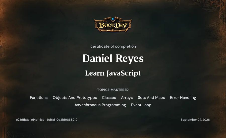 Daniel Reyes's Boot.dev Learn JavaScript certificate